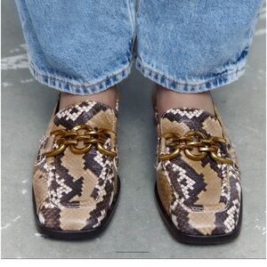 Zara Snake Print Loafers with Gold Chain
